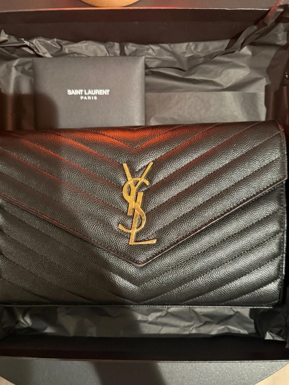 Saint Laurent YSL Large Wallet On Chain Black Gold WOC Envelope Full Set Excelle - Picture 2 of 4
